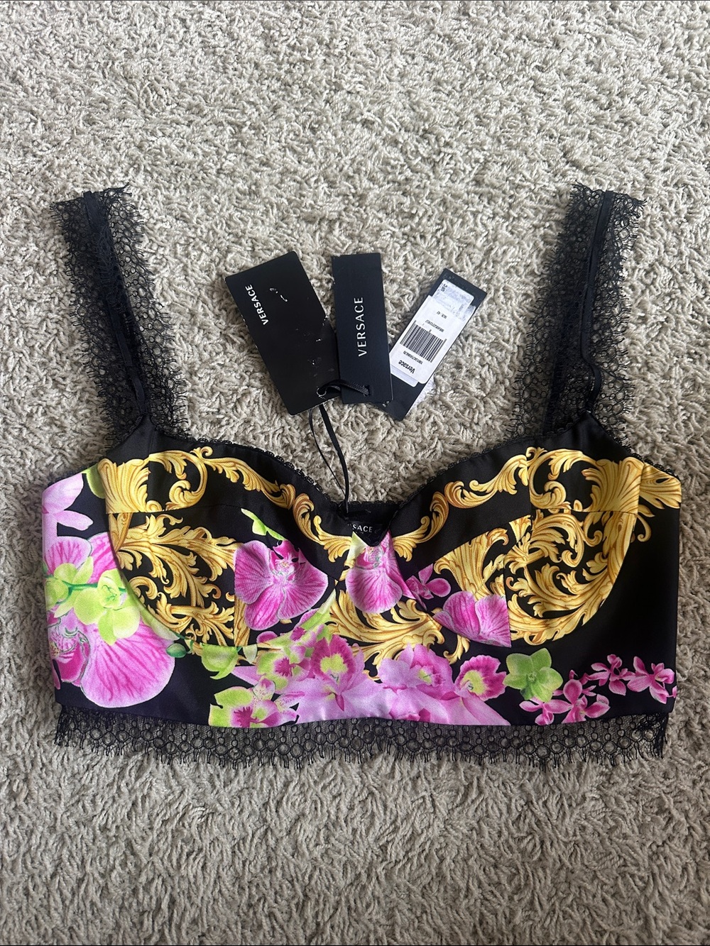Versace Medusa Bralette Bustier with Gold Baroque & Pink Orchid Print NWT Sz 42